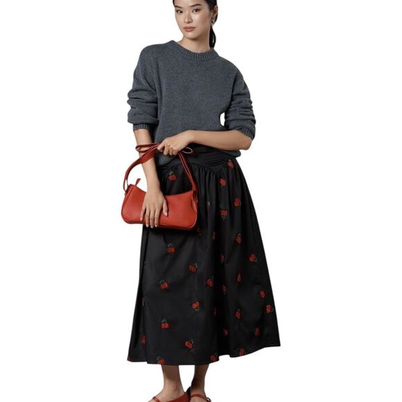 Anthropologie Avec Les Filles Cherry Appliqué Embroidered Midi Skirt Size XL - Picture 4 of 8